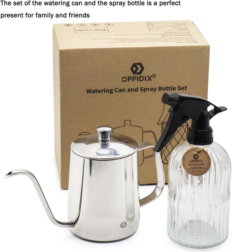 OFFIDIX Watering Can for Indoor Plants,Long Spout Metal Stainless Steel 21 oz/600 ml Watering Can with 14 oz/400ml Glass Plant Mister Spray Bottle for House Plant Bonsai - Image 5